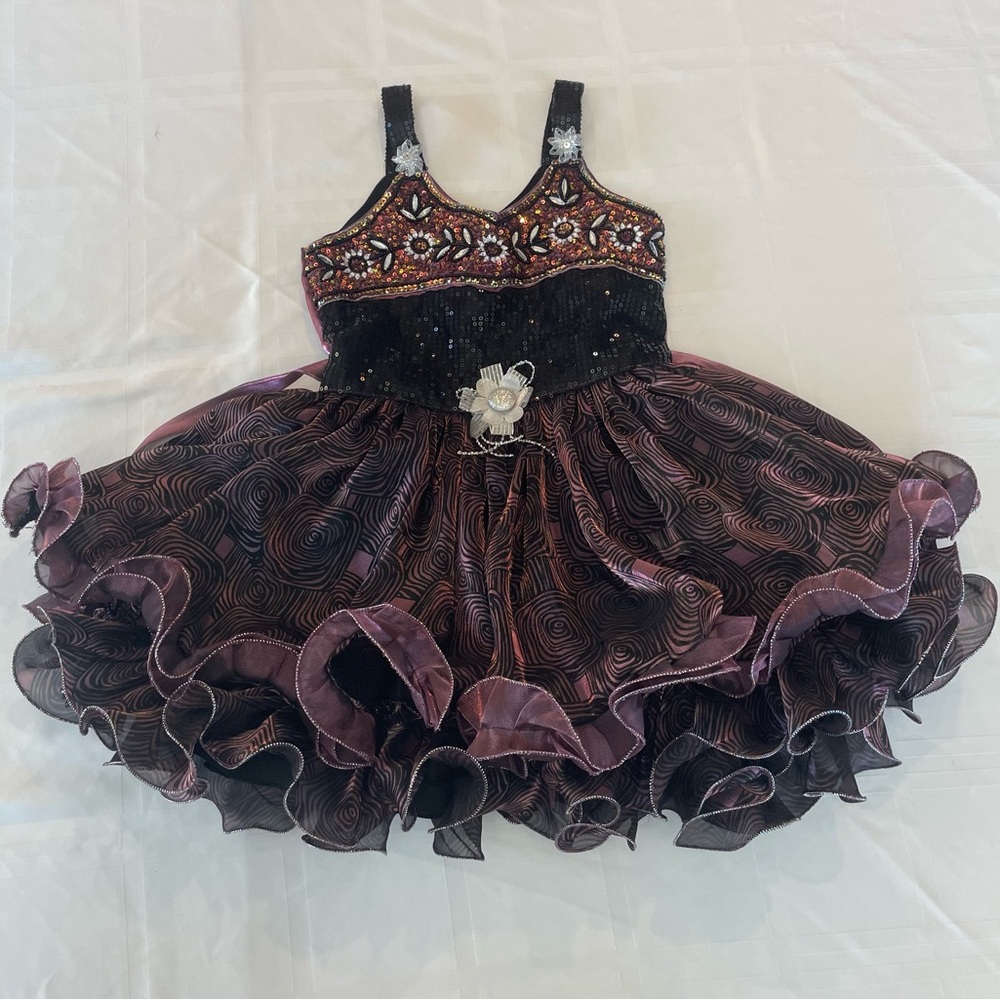 Girls Pageant Dress Burgundy Black Sequin Tulle Ruffle Formal Dance Costume